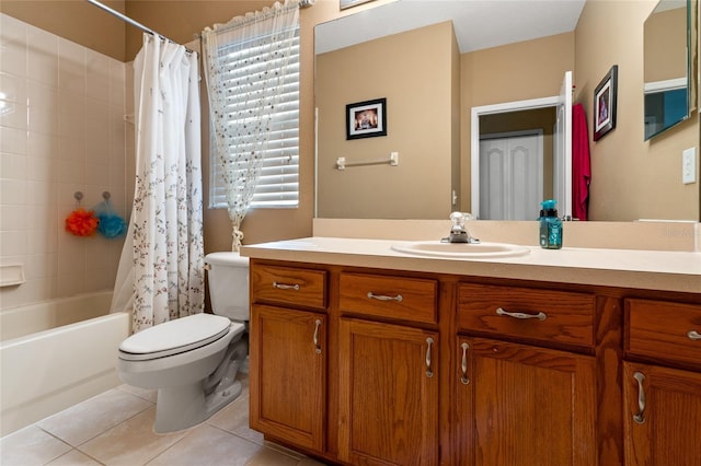 full bathroom with toilet, vanity, tile patterned floors, and shower / bathtub combination with curtain