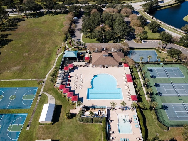 drone / aerial view with a water view