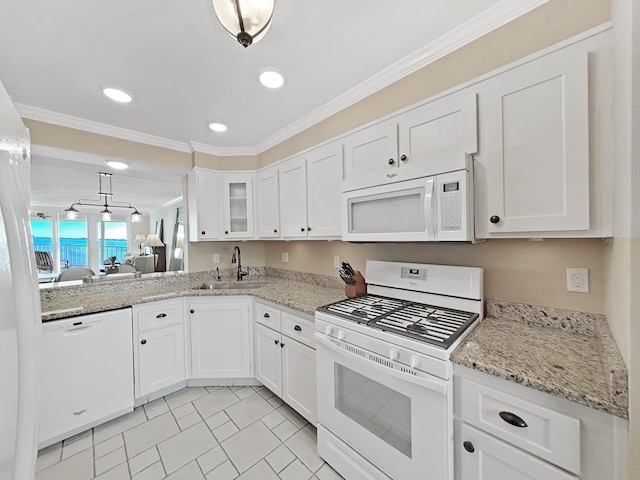 kitchen featuring white cabinetry, white appliances, sink, and ornamental molding