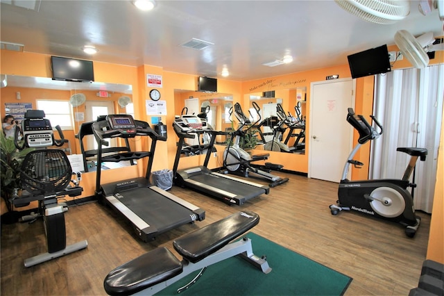 workout area featuring hardwood / wood-style flooring