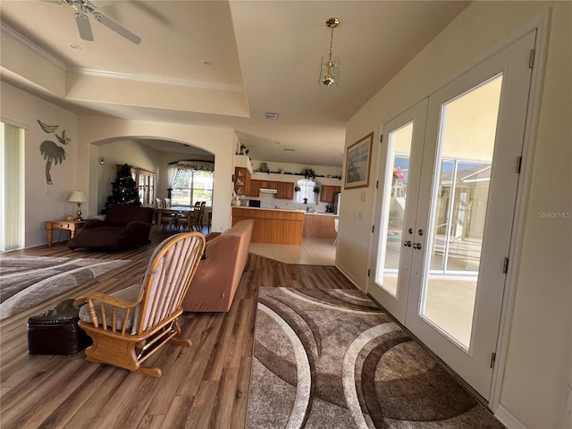 living room featuring wood-type flooring, a tray ceiling, and french doors