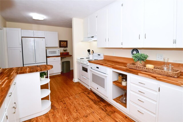 kitchen featuring white cabinets, light hardwood / wood-style floors, white appliances, and wood counters