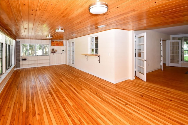 unfurnished living room with light hardwood / wood-style flooring and wood ceiling