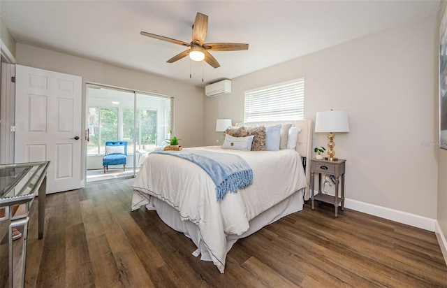 bedroom featuring access to outside, ceiling fan, dark hardwood / wood-style flooring, and a wall mounted air conditioner