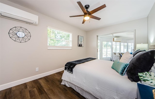 bedroom featuring dark hardwood / wood-style flooring, ceiling fan, a closet, and a wall mounted air conditioner