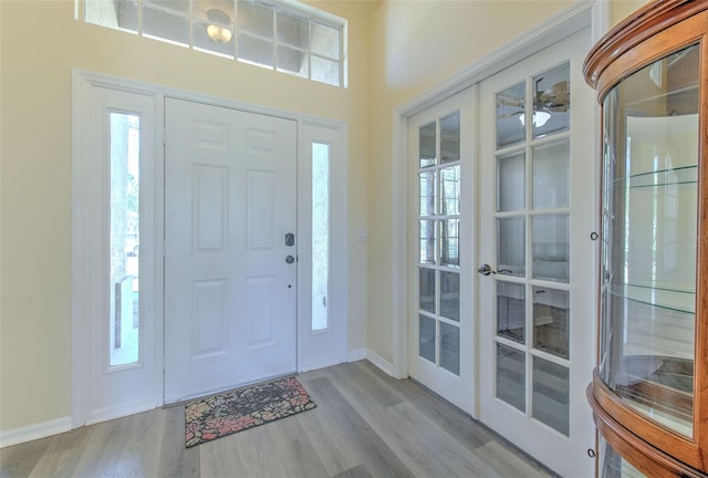 entrance foyer featuring light hardwood / wood-style floors, a wealth of natural light, and french doors