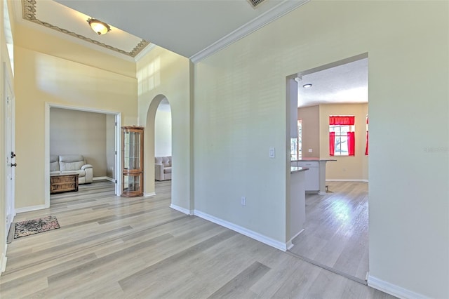 corridor featuring crown molding, light hardwood / wood-style flooring, and a textured ceiling