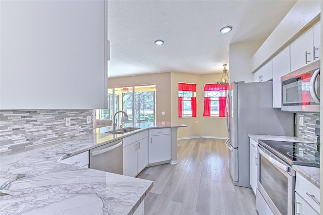 kitchen with white cabinetry, sink, stainless steel appliances, light hardwood / wood-style flooring, and kitchen peninsula