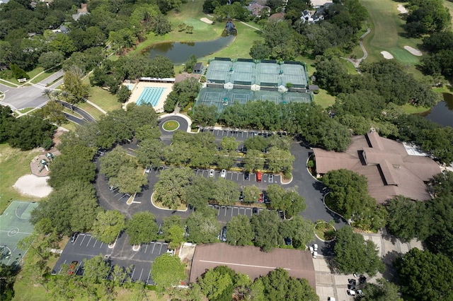 bird's eye view with a water view