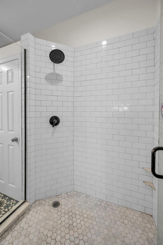 bathroom with a shower with shower door