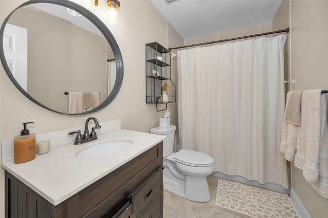 bathroom with tile patterned floors, vanity, toilet, and a shower with shower curtain