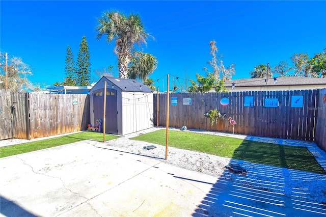 view of patio / terrace featuring a storage shed