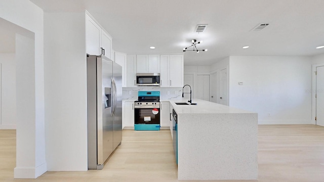 kitchen featuring backsplash, white cabinets, sink, appliances with stainless steel finishes, and light hardwood / wood-style floors