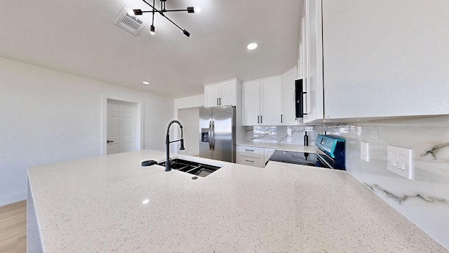 kitchen with sink, decorative backsplash, white cabinetry, kitchen peninsula, and stainless steel appliances