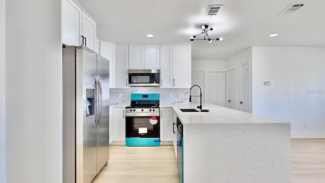 kitchen with white cabinets, sink, light wood-type flooring, tasteful backsplash, and stainless steel appliances