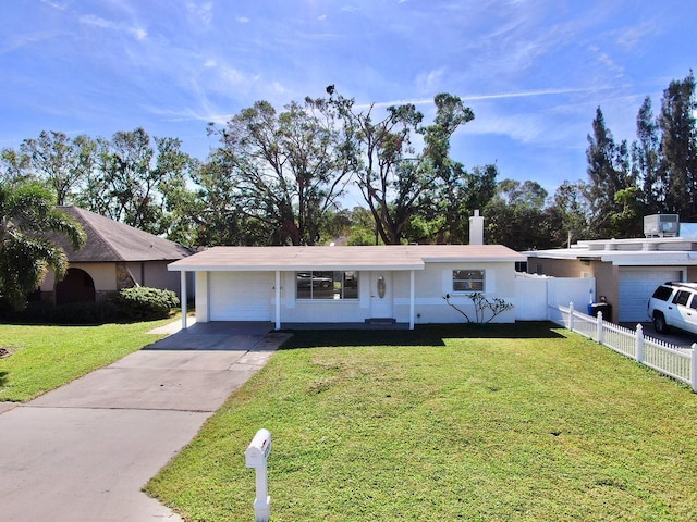 ranch-style house with a carport and a front lawn