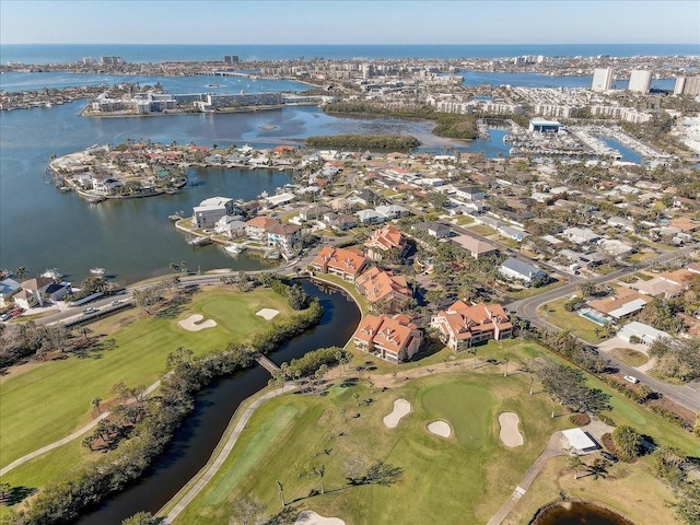 drone / aerial view with a water view