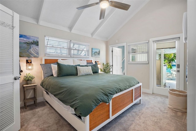 bedroom featuring beamed ceiling, ceiling fan, carpet flooring, and high vaulted ceiling