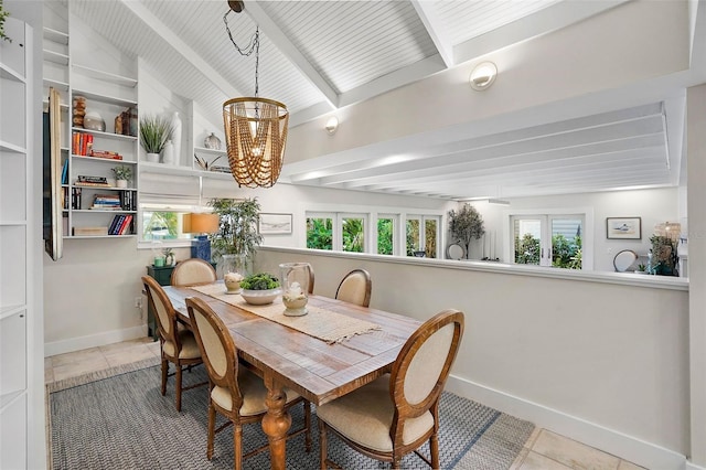 tiled dining room with an inviting chandelier and beam ceiling