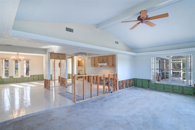 carpeted spare room featuring ceiling fan with notable chandelier, a textured ceiling, and vaulted ceiling with beams