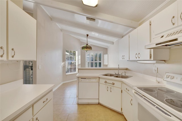 kitchen with sink, vaulted ceiling with beams, ventilation hood, pendant lighting, and white appliances