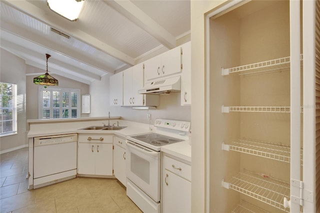 kitchen with pendant lighting, custom exhaust hood, white appliances, white cabinets, and vaulted ceiling with beams