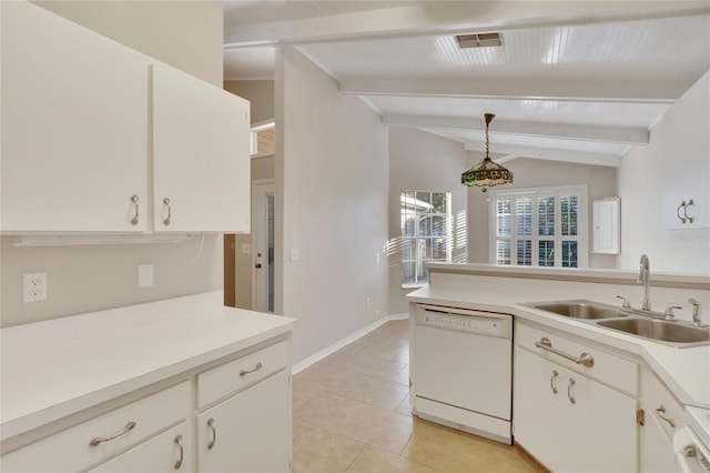 kitchen featuring white dishwasher, sink, decorative light fixtures, vaulted ceiling with beams, and white cabinetry