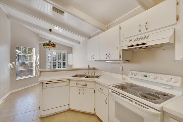 kitchen featuring sink, vaulted ceiling with beams, decorative light fixtures, white appliances, and custom exhaust hood