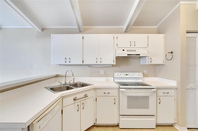 kitchen with premium range hood, white appliances, sink, beam ceiling, and white cabinetry