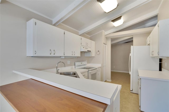 kitchen featuring sink, vaulted ceiling with beams, premium range hood, white appliances, and white cabinets