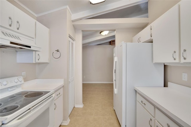 kitchen with white appliances, exhaust hood, white cabinets, light tile patterned floors, and ornamental molding