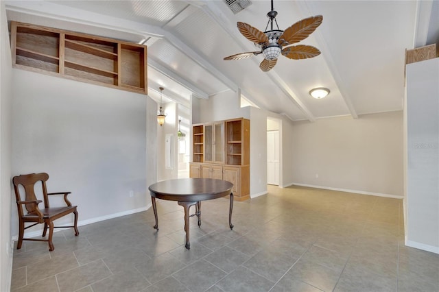 interior space featuring tile patterned floors, ceiling fan, and lofted ceiling with beams