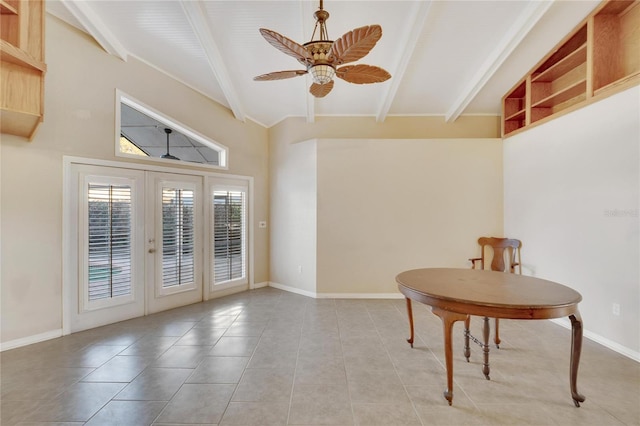 interior space featuring beamed ceiling, ceiling fan, light tile patterned floors, and french doors