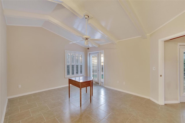 empty room with ceiling fan, light tile patterned floors, and lofted ceiling with beams