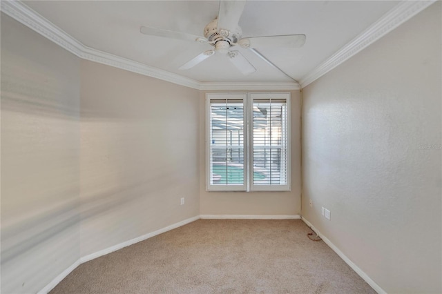 unfurnished room with light carpet, lofted ceiling, ceiling fan, and ornamental molding