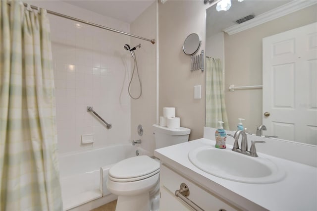 full bathroom with shower / tub combo, vanity, toilet, and ornamental molding