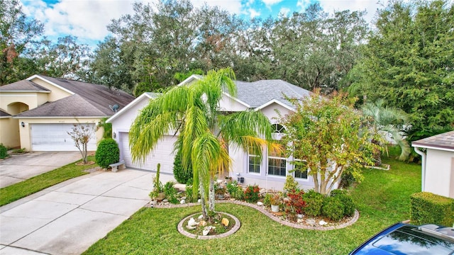 obstructed view of property featuring a garage and a front yard