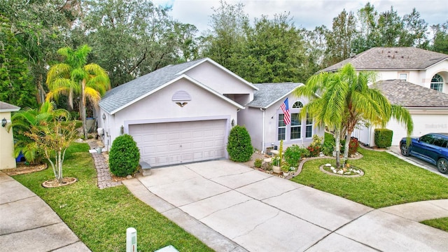 single story home featuring a front lawn and a garage