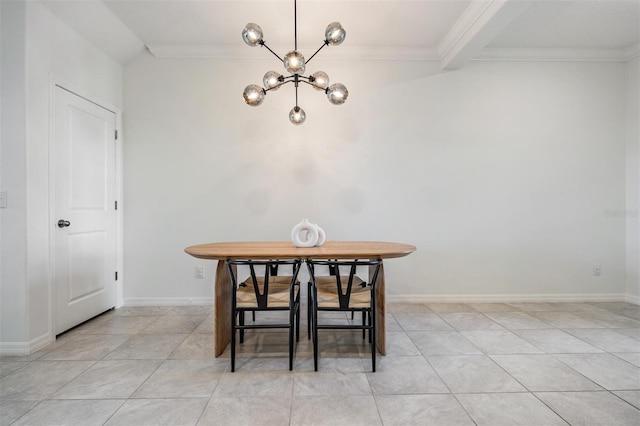 tiled dining area with beam ceiling, ornamental molding, and an inviting chandelier