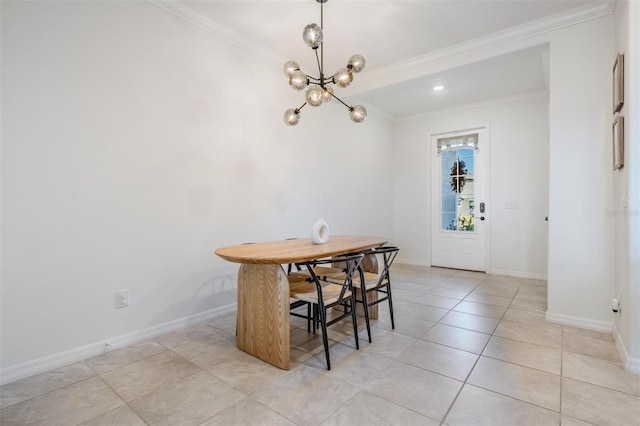 dining space featuring light tile patterned flooring, crown molding, and a notable chandelier