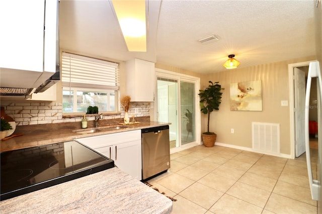 kitchen featuring backsplash, sink, white cabinets, and stainless steel dishwasher