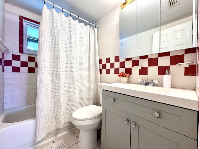 full bathroom with shower / bathtub combination with curtain, tile patterned floors, toilet, decorative backsplash, and tile walls