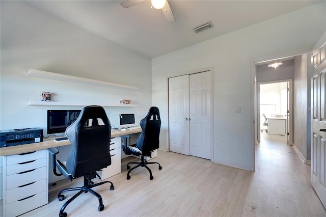 office area featuring ceiling fan and light wood-type flooring