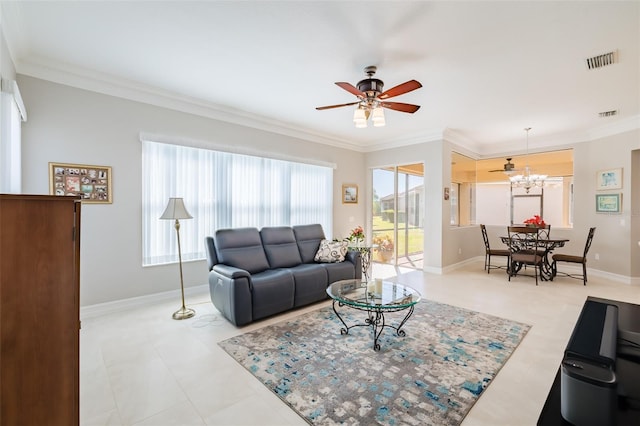 tiled living room featuring ceiling fan with notable chandelier and crown molding