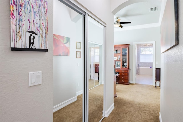 hall featuring crown molding and carpet floors