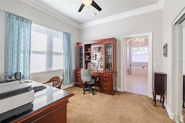 carpeted office with ceiling fan with notable chandelier and ornamental molding