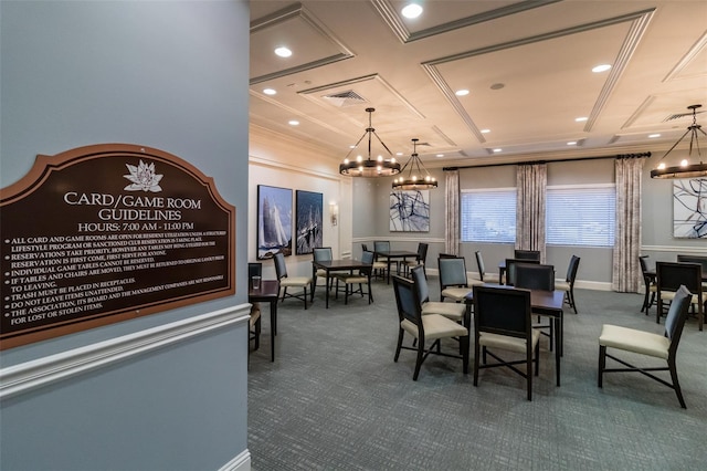 dining area featuring an inviting chandelier, coffered ceiling, and dark colored carpet