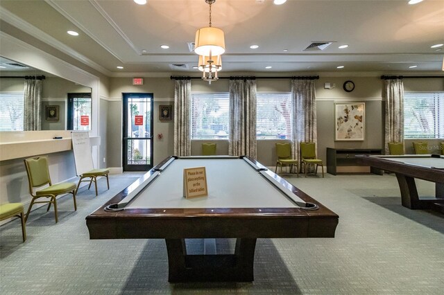 rec room with billiards, crown molding, and carpet flooring