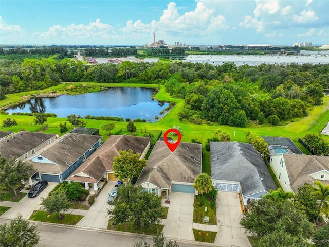 drone / aerial view featuring a water view