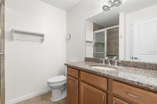 bathroom featuring tile patterned floors, vanity, toilet, and a shower with door